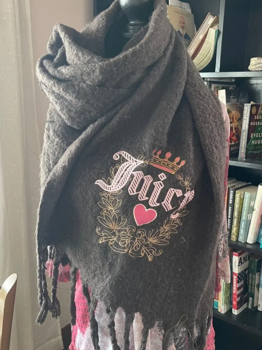 Vintage Style Juicy Couture Scarf Chocolate Brown Y2K Logo Embroidered Wrap Glam